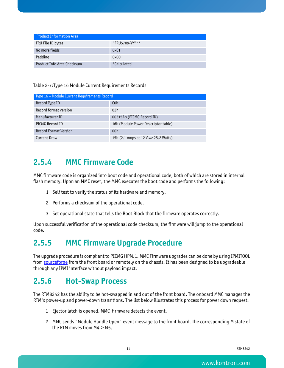 4 mmc firmware code, 5 mmc firmware upgrade procedure, 6 hot-swap process | Mmc firmware code, Mmc firmware upgrade procedure, Hot-swap process | Kontron RTM8242 User Manual | Page 24 / 34