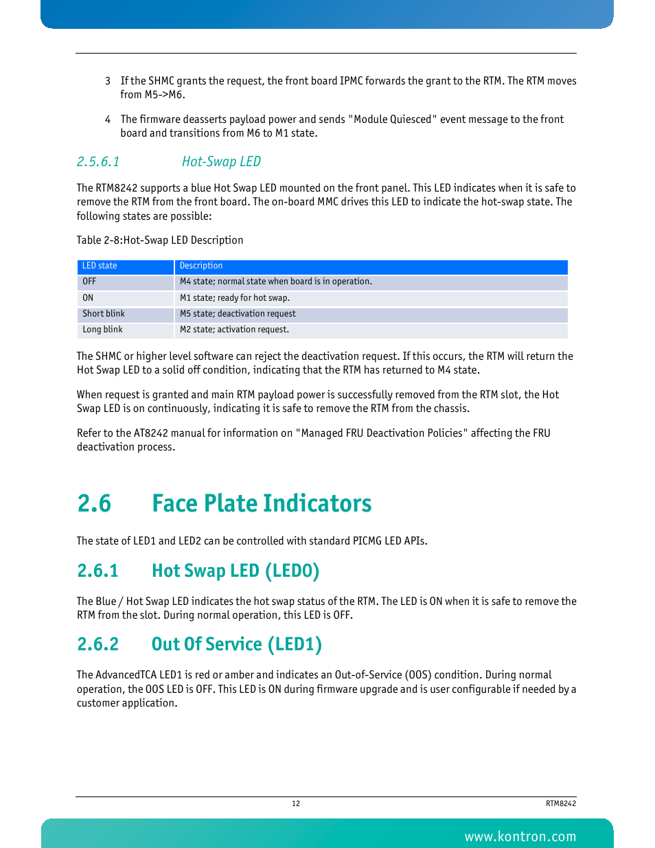 1 hot-swap led, 6 face plate indicators, 1 hot swap led (led0) | 2 out of service (led1), Hot swap led (led0), Out of service (led1), Table 2-8 hot-swap led description | Kontron RTM8242 User Manual | Page 25 / 34