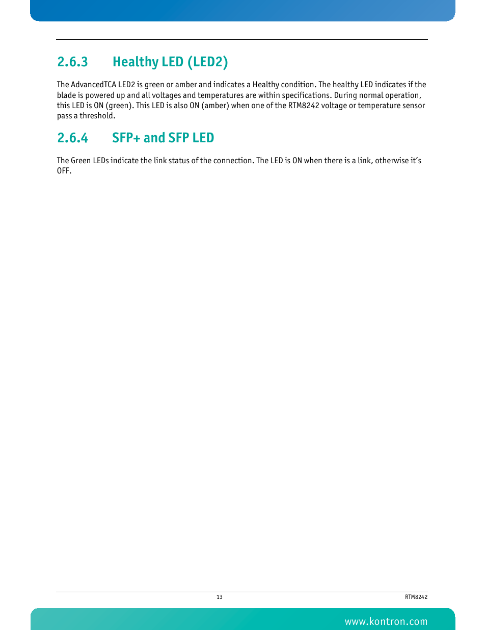 3 healthy led (led2), 4 sfp+ and sfp led, Healthy led (led2) | Sfp+ and sfp led | Kontron RTM8242 User Manual | Page 26 / 34