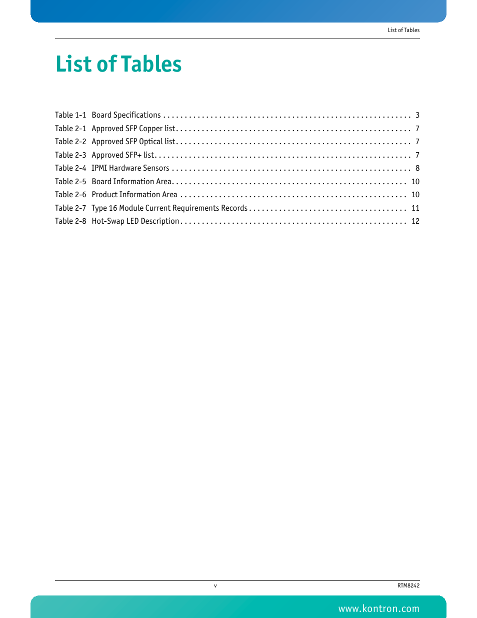 List of tables | Kontron RTM8242 User Manual | Page 6 / 34