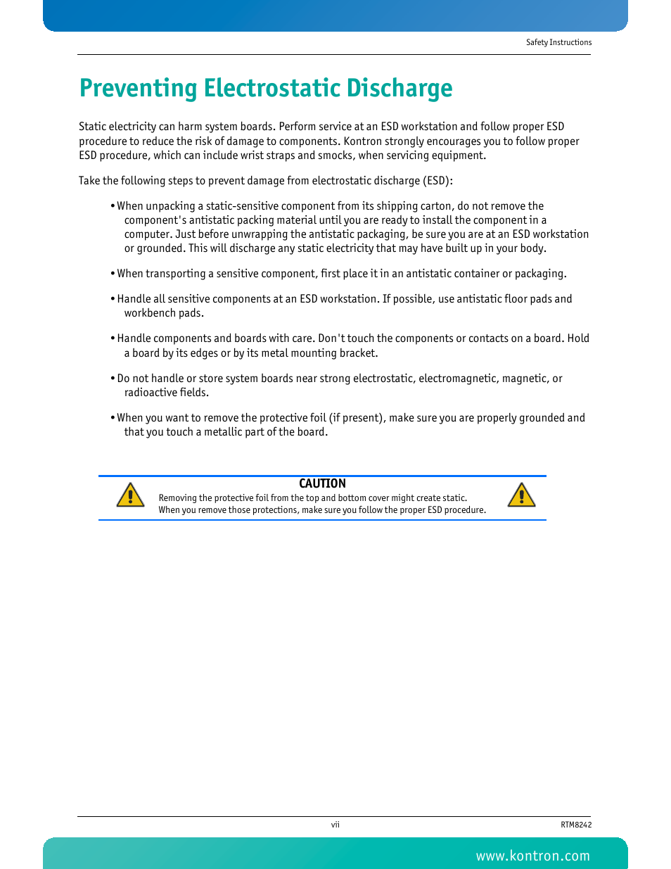 Preventing electrostatic discharge | Kontron RTM8242 User Manual | Page 8 / 34