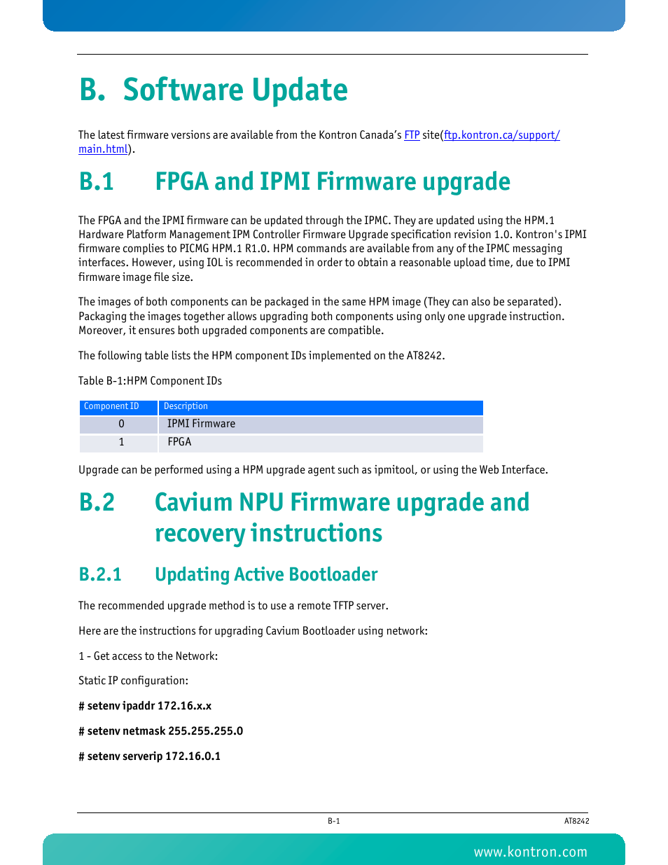 B. software update, B.1 fpga and ipmi firmware upgrade, B.2.1 updating active bootloader | B.2.1, Updating active bootloader, Table b-1 hpm component ids | Kontron AT8242 User Manual | Page 102 / 109