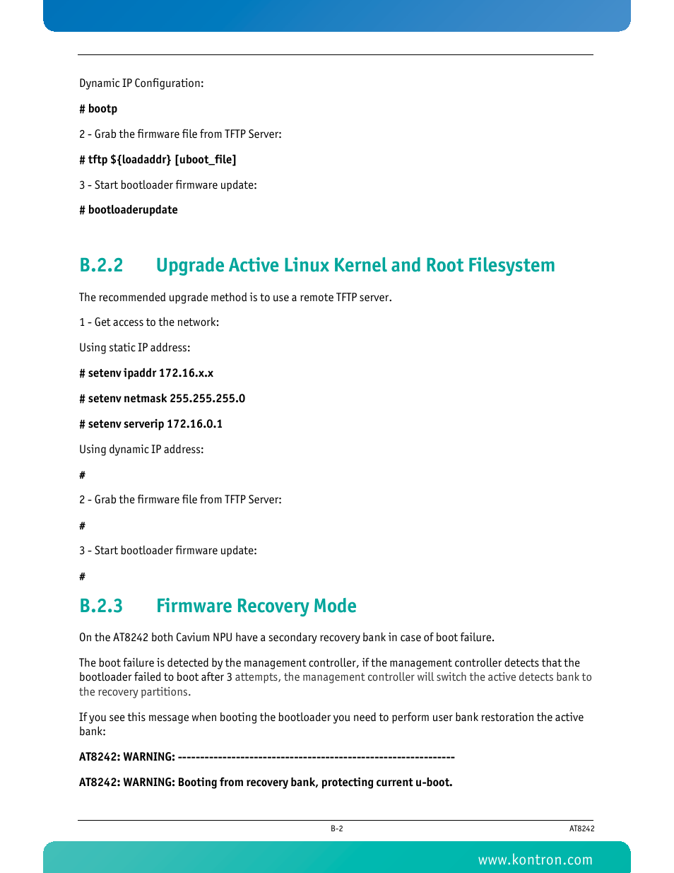 B.2.3 firmware recovery mode, B.2.2, Upgrade active linux kernel and root filesystem | B.2.3, Firmware recovery mode | Kontron AT8242 User Manual | Page 103 / 109