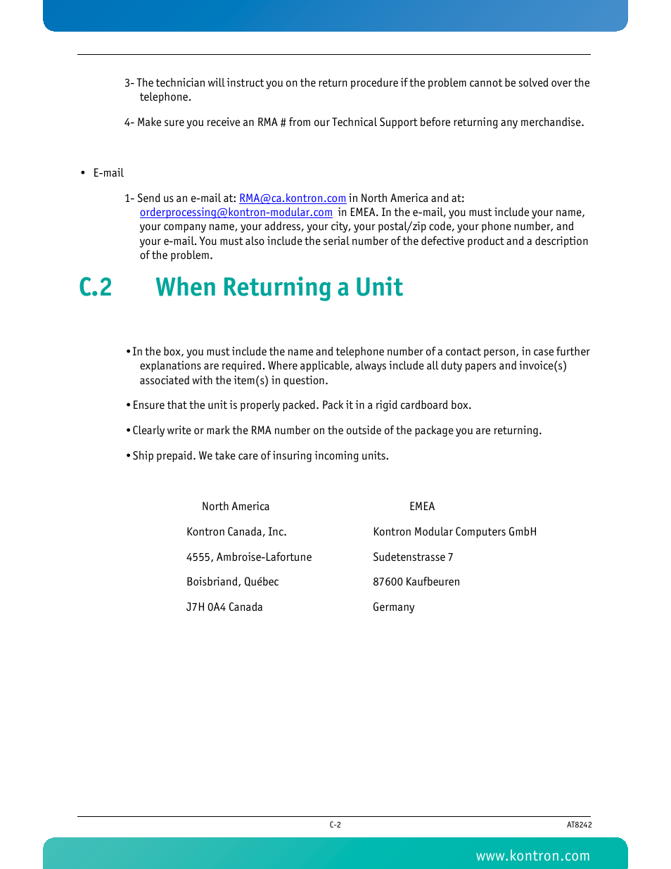 C.2 when returning a unit | Kontron AT8242 User Manual | Page 106 / 109