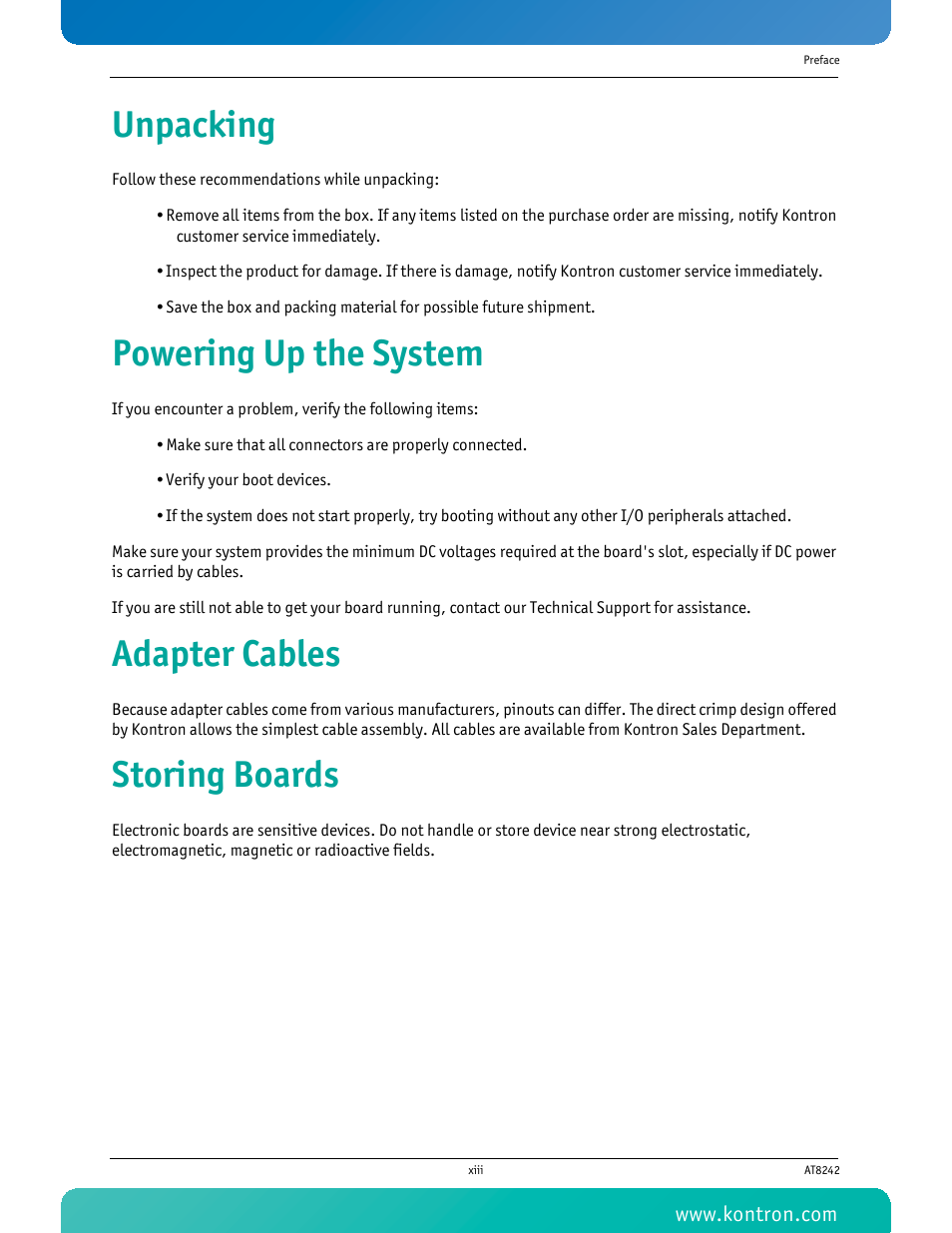 Unpacking, Powering up the system, Adapter cables | Storing boards | Kontron AT8242 User Manual | Page 14 / 109