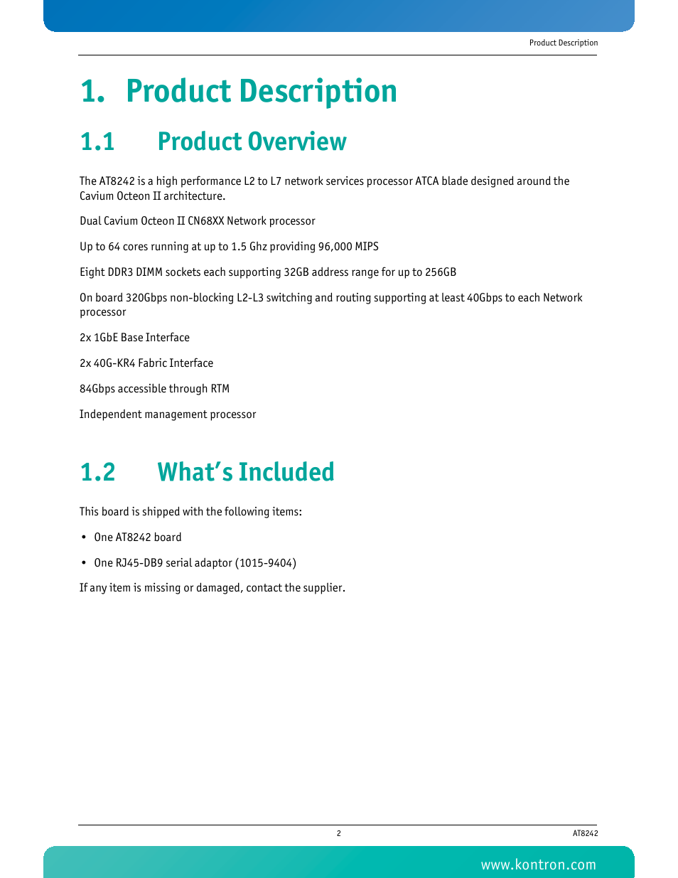 Product description, 1 product overview, 2 what’s included | 1 product overview 1.2 what’s included | Kontron AT8242 User Manual | Page 18 / 109
