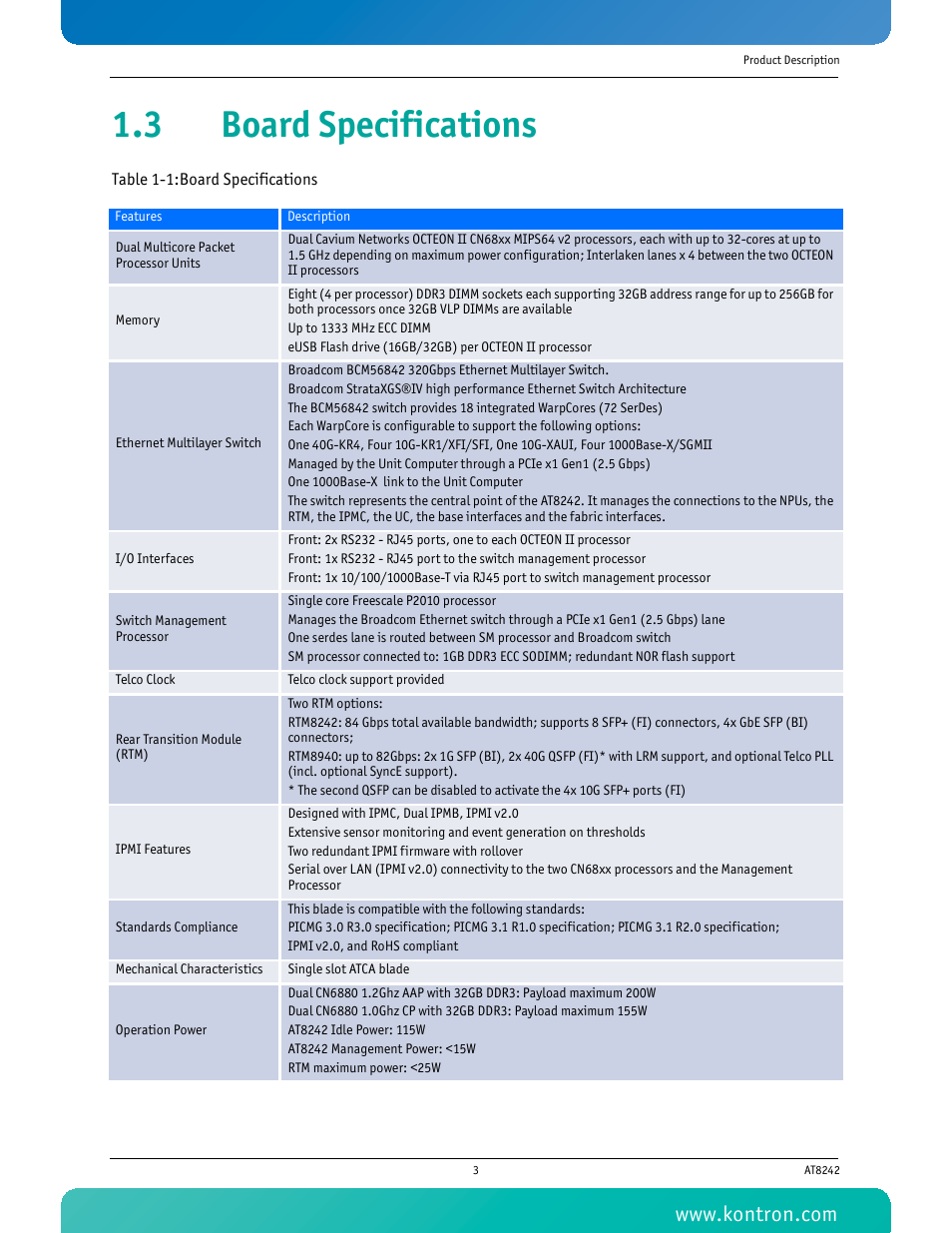 3 board specifications, Table 1-1 board specifications | Kontron AT8242 User Manual | Page 19 / 109