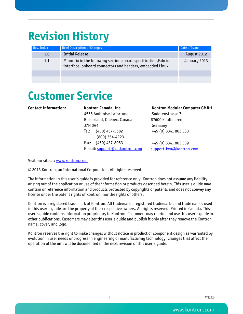Revision history customer service | Kontron AT8242 User Manual | Page 2 / 109