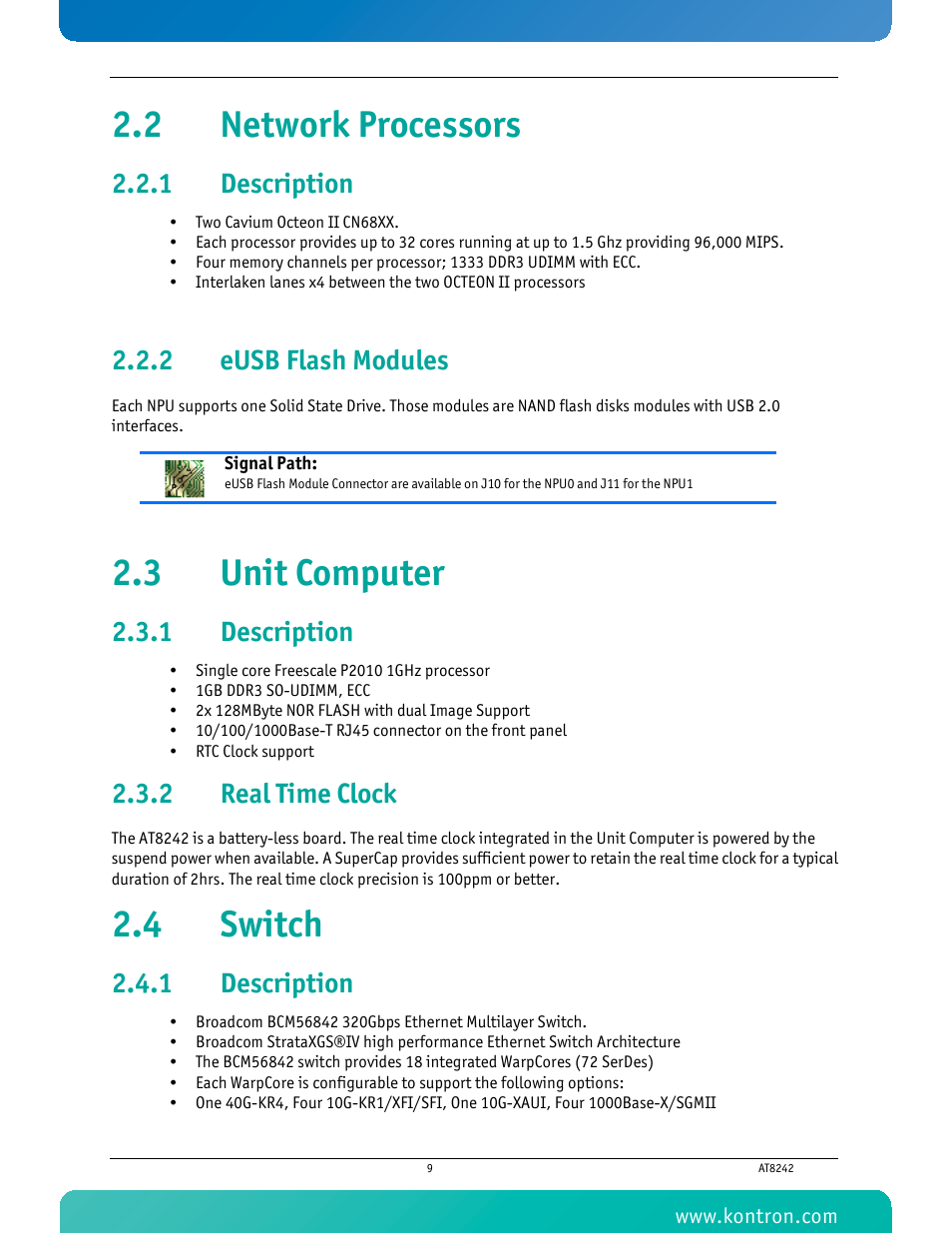 2 network processors, 1 description, 2 eusb flash modules | 3 unit computer, 2 real time clock, 4 switch, Description, Eusb flash modules, Real time clock, 2 network processors 2.3 unit computer 2.4 switch | Kontron AT8242 User Manual | Page 25 / 109
