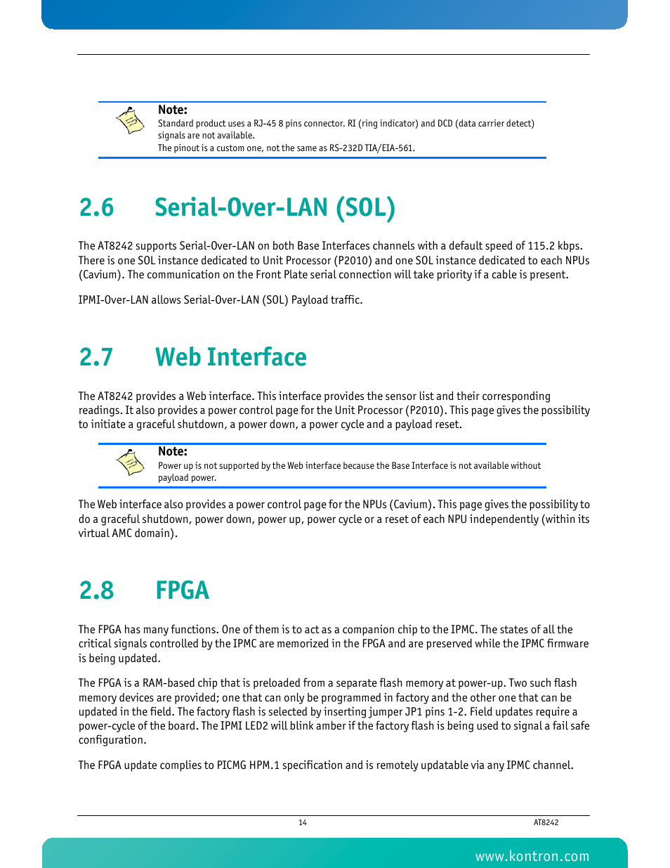 6 serial-over-lan (sol), 7 web interface, 8 fpga | 6 serial-over-lan (sol) 2.7 web interface 2.8 fpga | Kontron AT8242 User Manual | Page 30 / 109