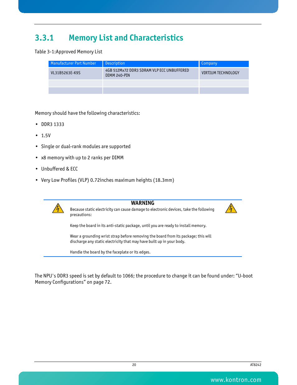 1 memory list and characteristics, Memory list and characteristics, Table 3-1 approved memory list | Kontron AT8242 User Manual | Page 36 / 109