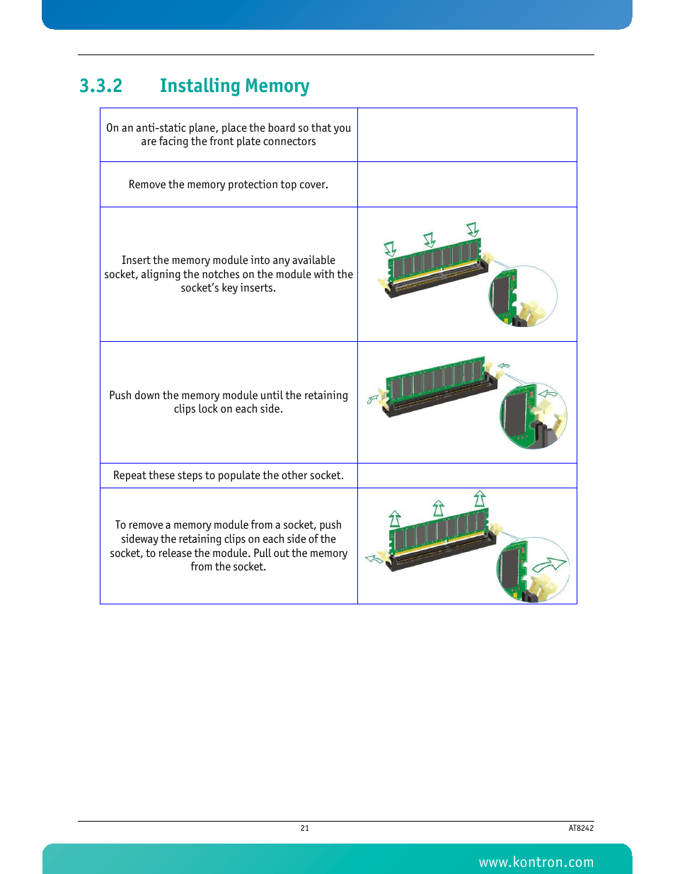 2 installing memory, Installing memory | Kontron AT8242 User Manual | Page 37 / 109