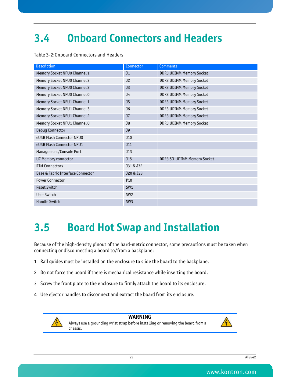 4 onboard connectors and headers, 5 board hot swap and installation, Table 3-2 onboard connectors and headers | Kontron AT8242 User Manual | Page 38 / 109