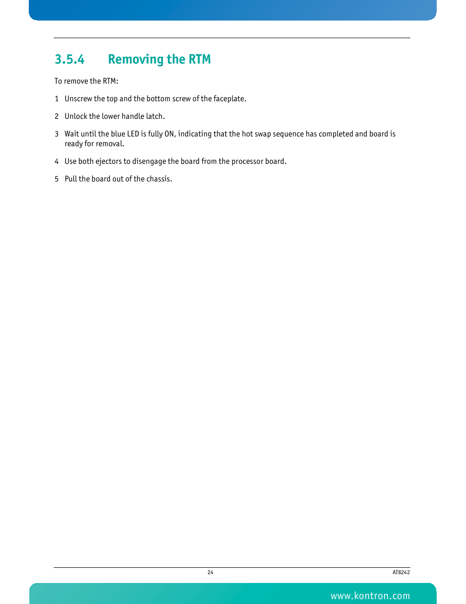 4 removing the rtm, Removing the rtm | Kontron AT8242 User Manual | Page 40 / 109