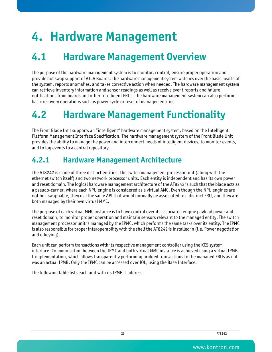 Hardware management, 1 hardware management overview, 2 hardware management functionality | 1 hardware management architecture, Hardware management architecture | Kontron AT8242 User Manual | Page 42 / 109