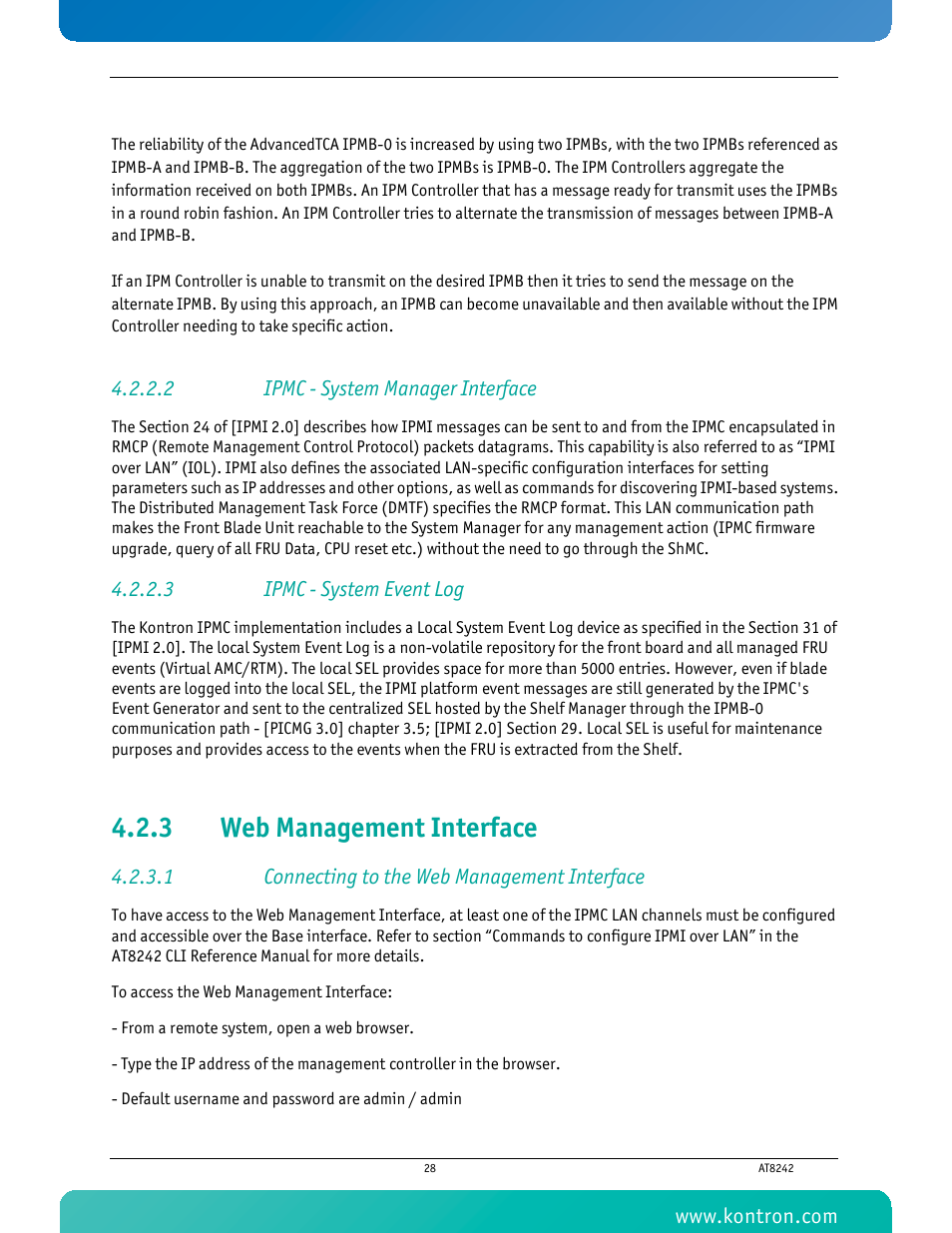 2 ipmc - system manager interface, 3 ipmc - system event log, 3 web management interface | 1 connecting to the web management interface, Web management interface | Kontron AT8242 User Manual | Page 44 / 109