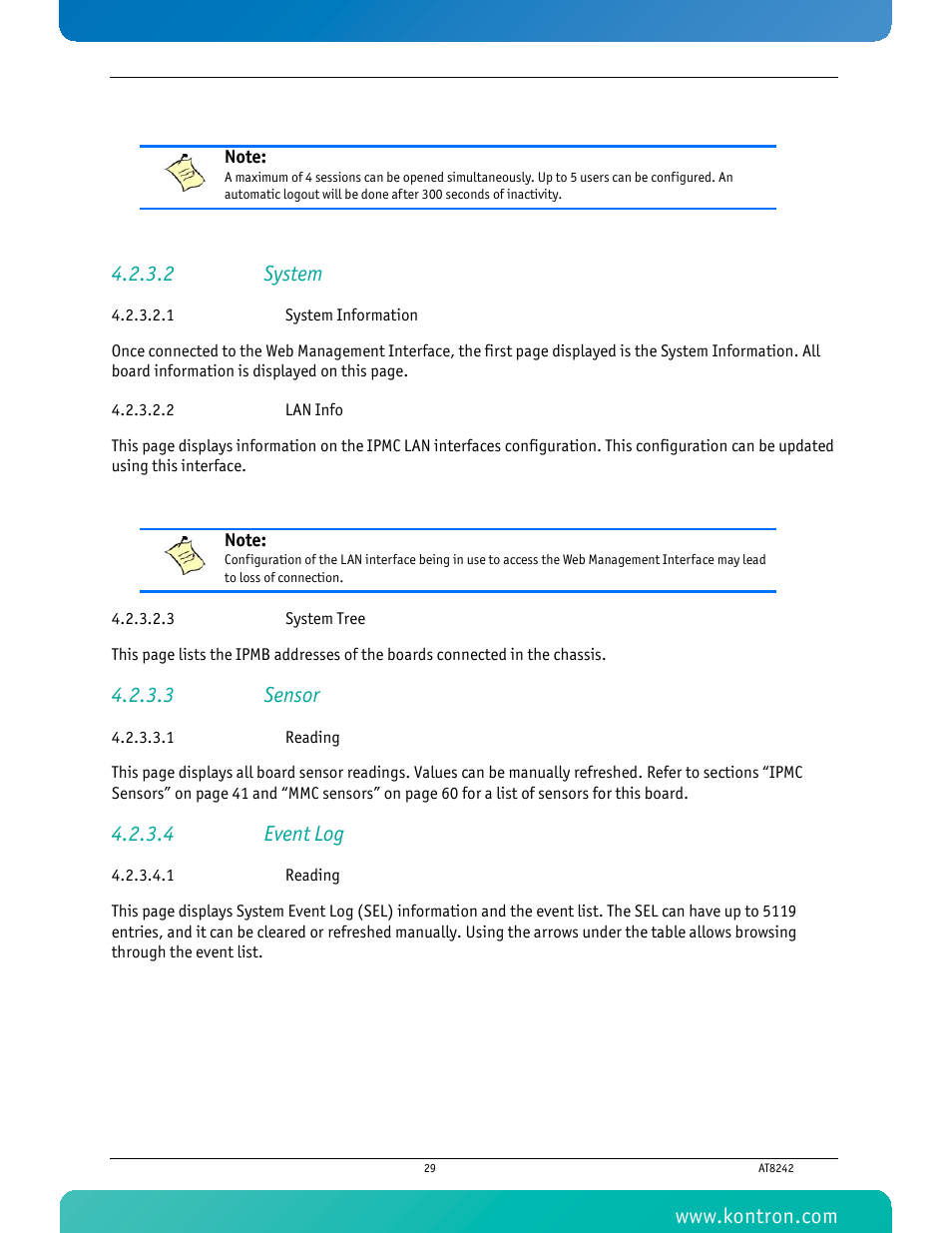 2 system, 1 system information, 2 lan info | 3 system tree, 3 sensor, 1 reading, 4 event log | Kontron AT8242 User Manual | Page 45 / 109