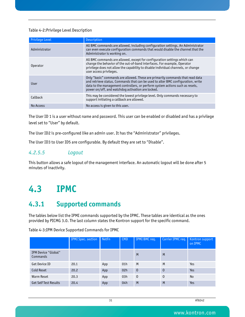 5 logout, 3 ipmc, 1 supported commands | Supported commands | Kontron AT8242 User Manual | Page 47 / 109