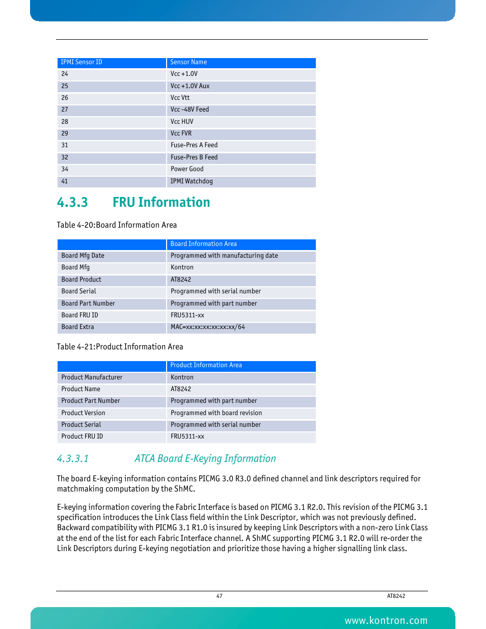 3 fru information, 1 atca board e-keying information, Fru information | Kontron AT8242 User Manual | Page 63 / 109