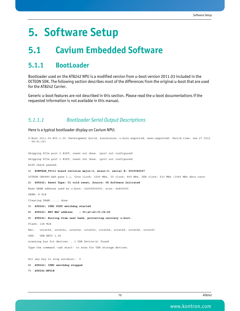 Software setup, 1 cavium embedded software, 1 bootloader | 1 bootloader serial output descriptions, Bootloader | Kontron AT8242 User Manual | Page 86 / 109