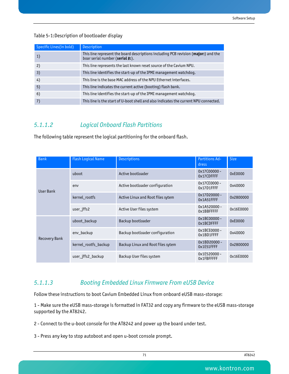 2 logical onboard flash partitions, 3 booting embedded linux firmware from eusb device, Table 5-1 description of bootloader display | Kontron AT8242 User Manual | Page 87 / 109