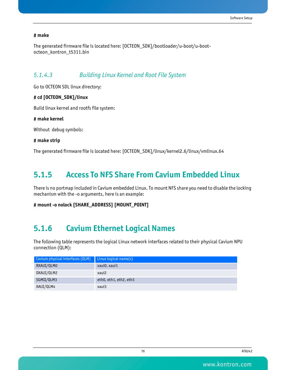 3 building linux kernel and root file system, 5 access to nfs share from cavium embedded linux, 6 cavium ethernet logical names | Access to nfs share from cavium embedded linux, Cavium ethernet logical names | Kontron AT8242 User Manual | Page 92 / 109