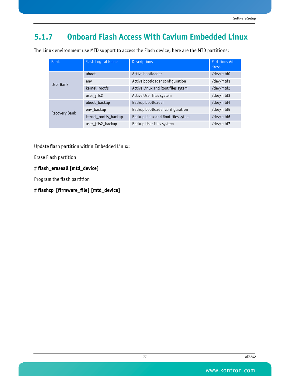 7 onboard flash access with cavium embedded linux, Onboard flash access with cavium embedded linux | Kontron AT8242 User Manual | Page 93 / 109