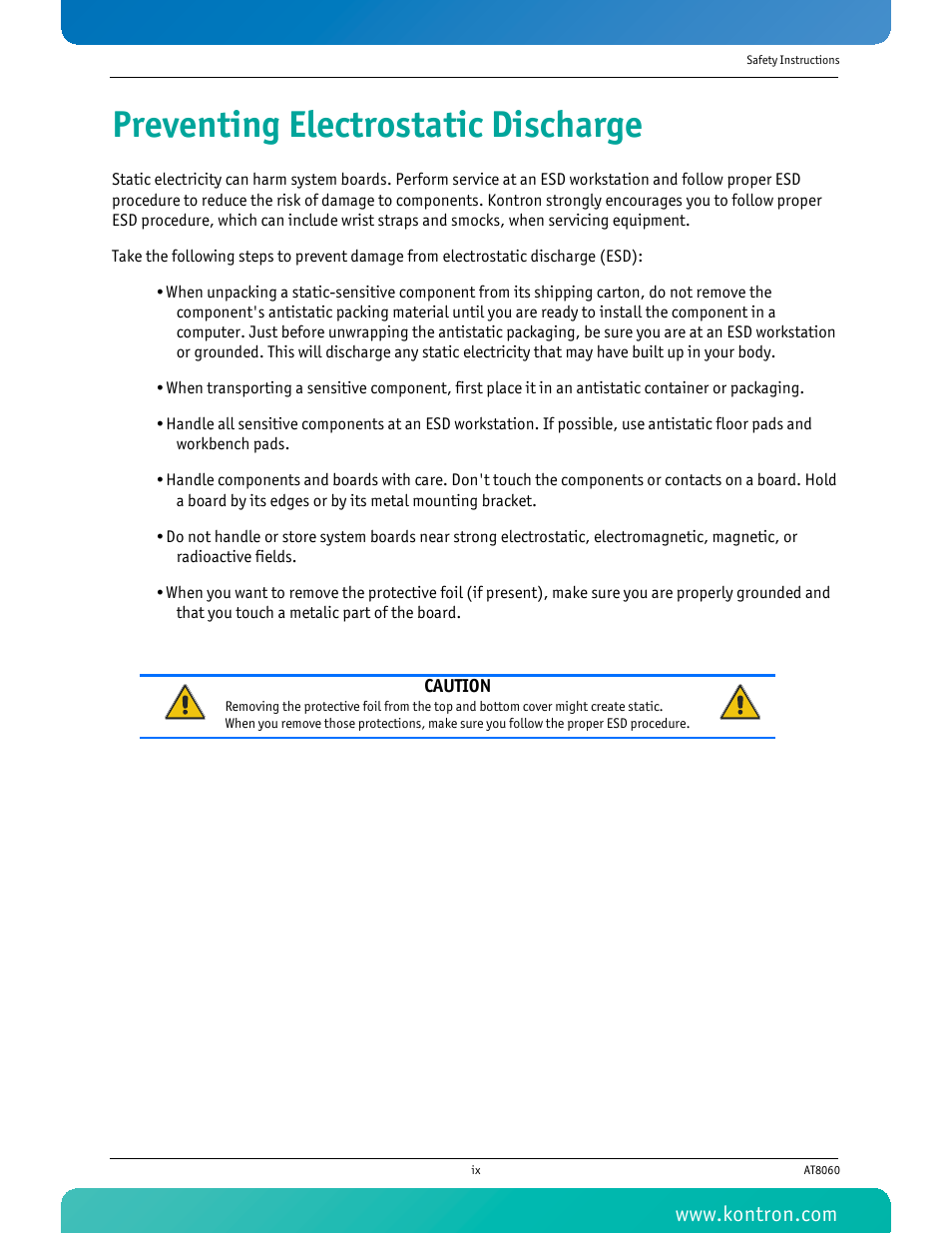 Preventing electrostatic discharge | Kontron AT8060 User Manual | Page 10 / 160