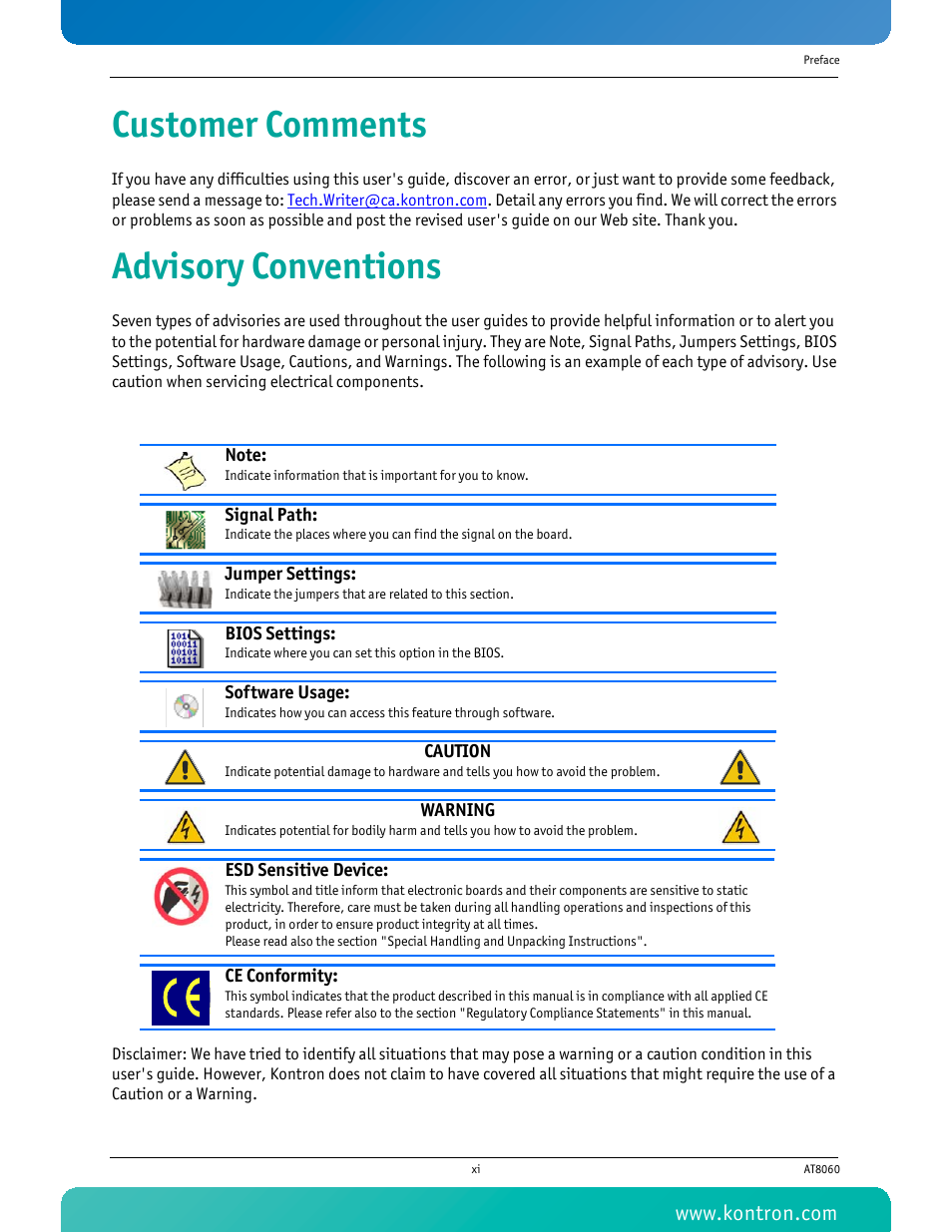 Customer comments, Advisory conventions | Kontron AT8060 User Manual | Page 12 / 160