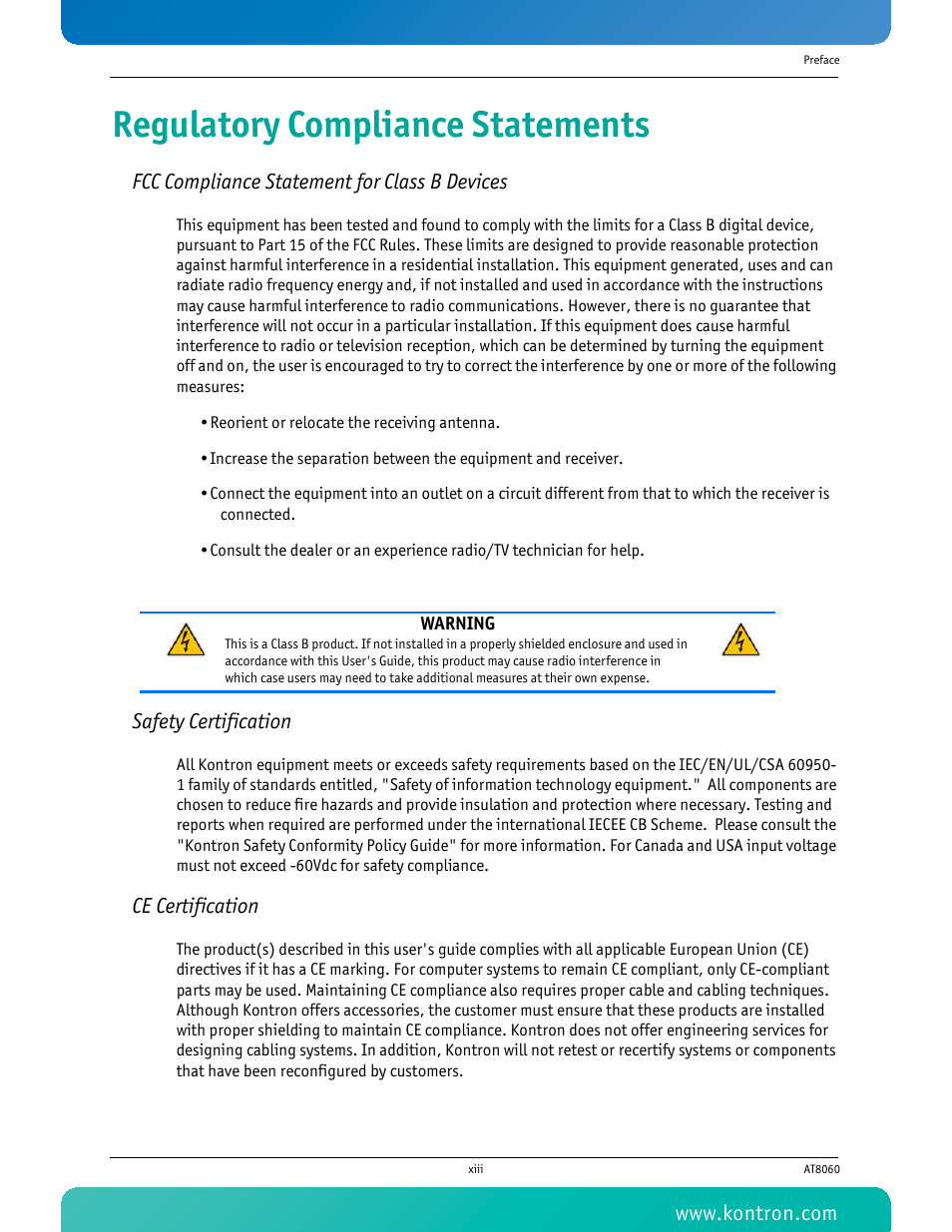 Regulatory compliance statements | Kontron AT8060 User Manual | Page 14 / 160
