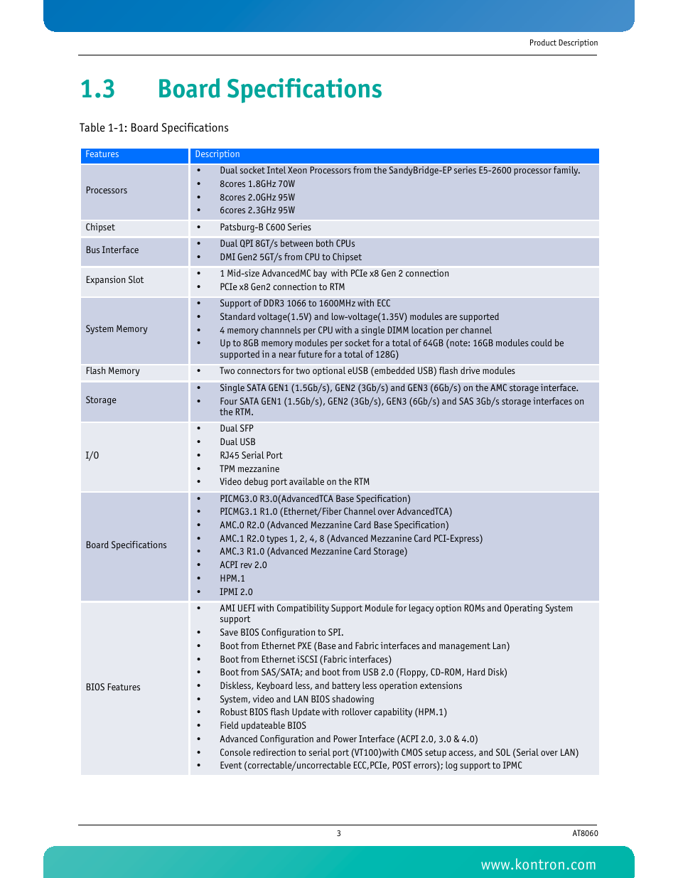 3 board specifications, Table 1-1 board specifications | Kontron AT8060 User Manual | Page 18 / 160