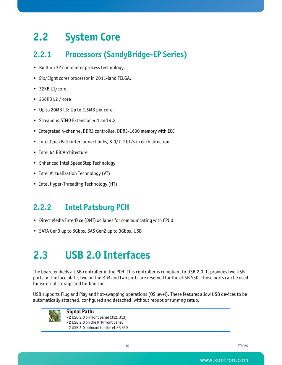 2 system core, 1 processors (sandybridge-ep series), 2 intel patsburg pch | 3 usb 2.0 interfaces, Processors (sandybridge-ep series), Intel patsburg pch, 2 system core 2.3 usb 2.0 interfaces | Kontron AT8060 User Manual | Page 25 / 160