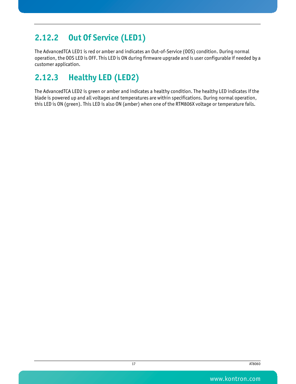 2 out of service (led1), 3 healthy led (led2), Out of service (led1) | Healthy led (led2) | Kontron AT8060 User Manual | Page 32 / 160