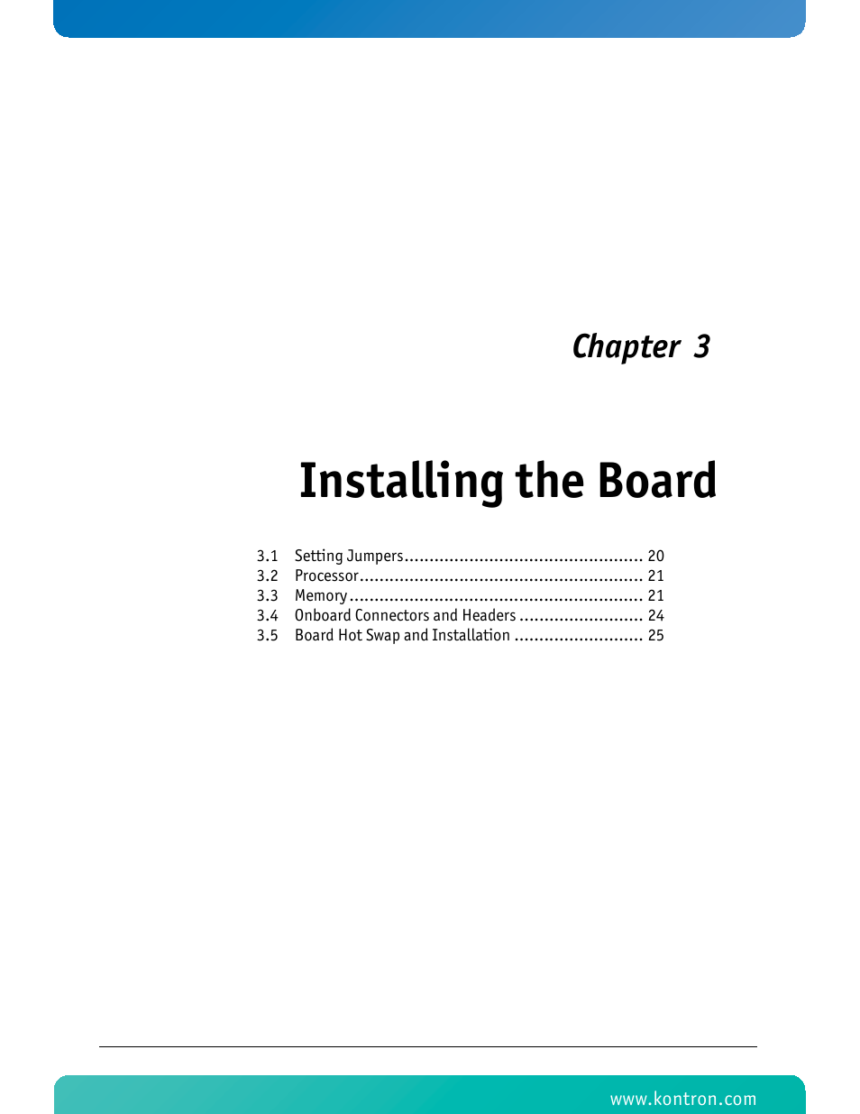 Installing the board, Chapter 3 | Kontron AT8060 User Manual | Page 34 / 160