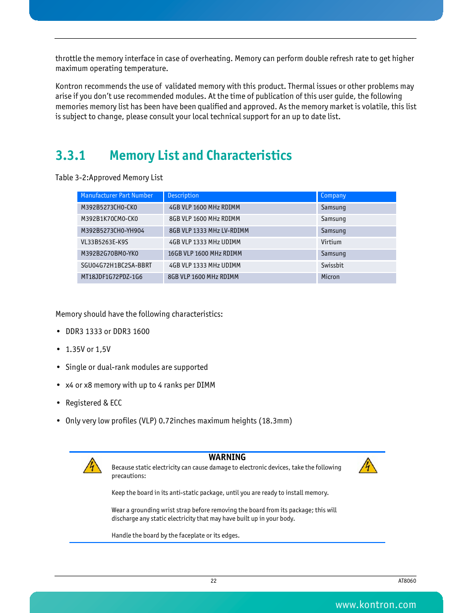 1 memory list and characteristics, Memory list and characteristics, Table 3-2 approved memory list | Kontron AT8060 User Manual | Page 37 / 160