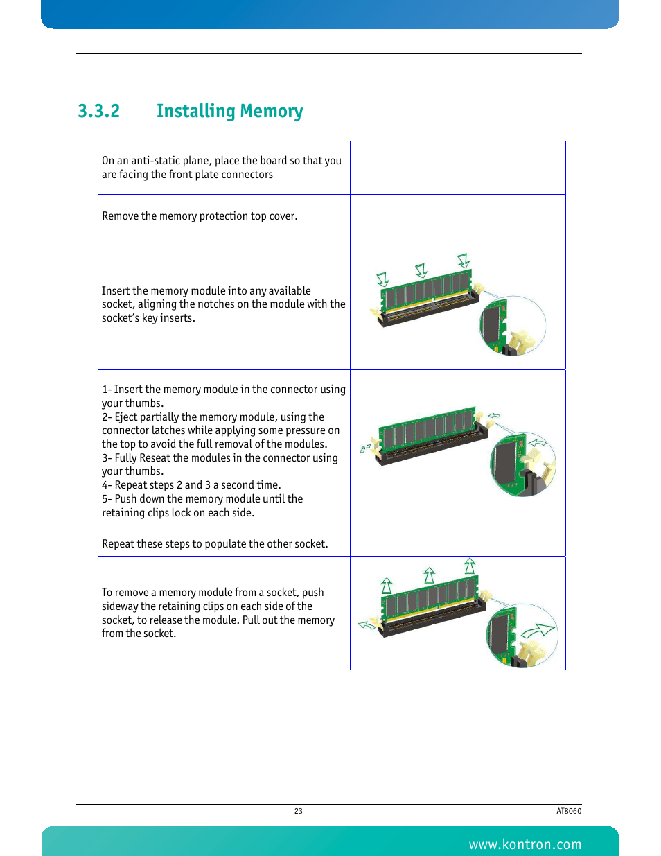 2 installing memory, Installing memory | Kontron AT8060 User Manual | Page 38 / 160