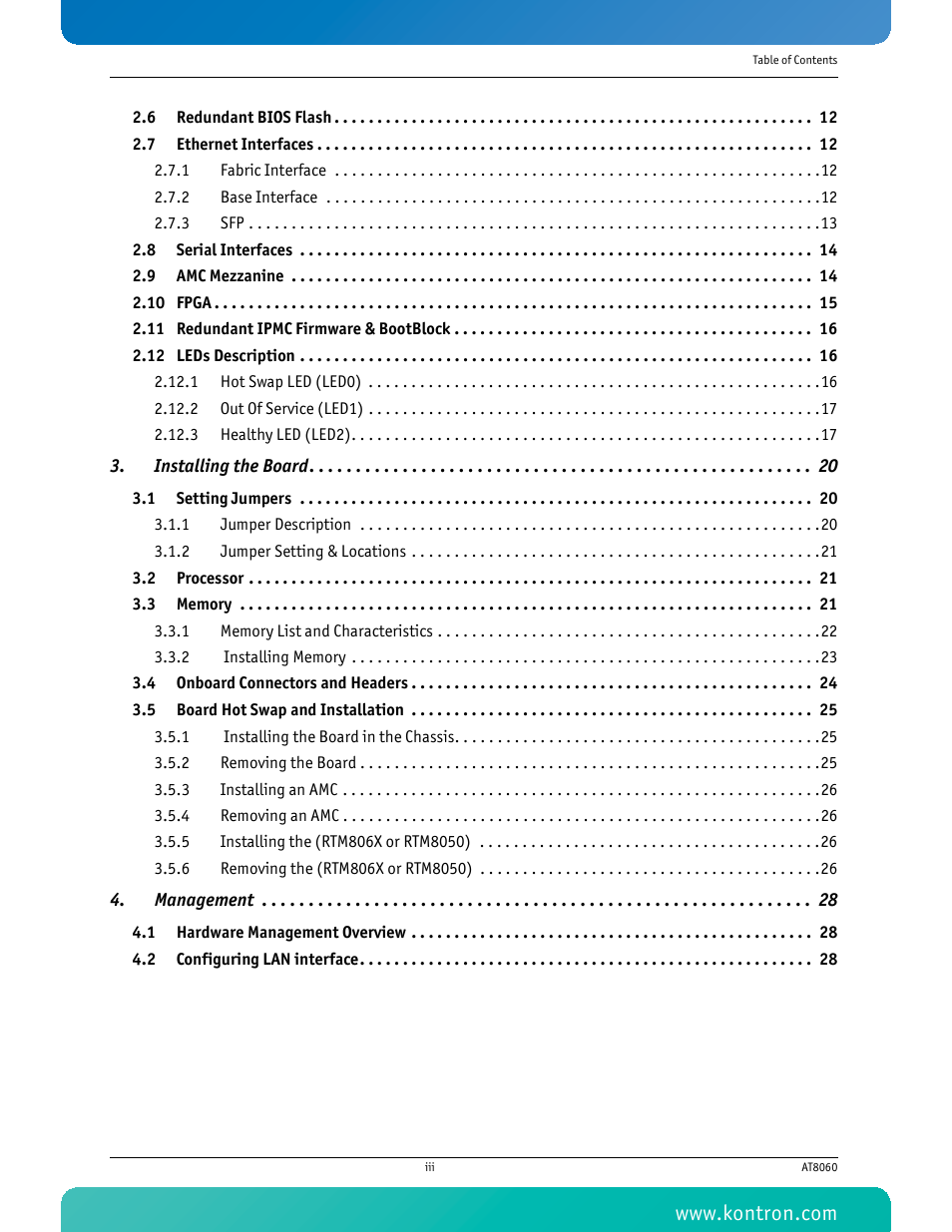 Installing the board 20, Management 28 | Kontron AT8060 User Manual | Page 4 / 160