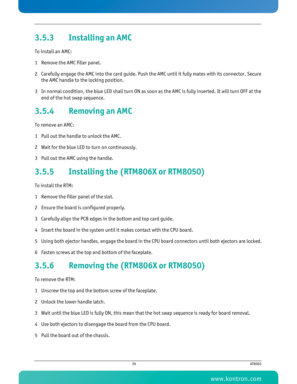 3 installing an amc, 4 removing an amc, 5 installing the (rtm806x or rtm8050) | 6 removing the (rtm806x or rtm8050), Installing an amc, Removing an amc, Installing the (rtm806x or rtm8050), Removing the (rtm806x or rtm8050) | Kontron AT8060 User Manual | Page 41 / 160