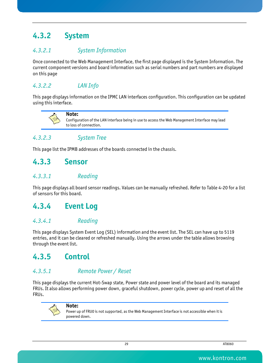 2 system, 1 system information, 2 lan info | 3 system tree, 3 sensor, 1 reading, 4 event log, 5 control, 1 remote power / reset, System | Kontron AT8060 User Manual | Page 44 / 160