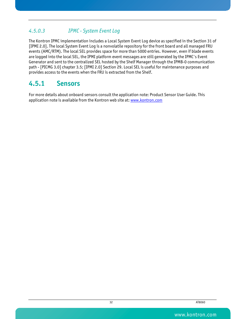 3 ipmc - system event log, 1 sensors, Sensors | Kontron AT8060 User Manual | Page 47 / 160