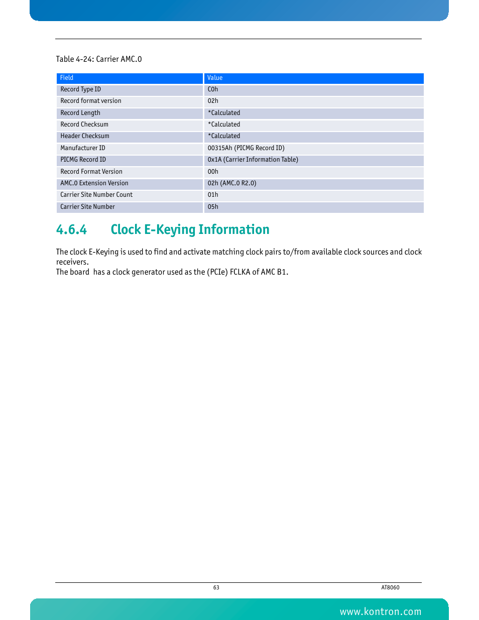 4 clock e-keying information, Clock e-keying information, Table 4-24 carrier amc.0 | Kontron AT8060 User Manual | Page 78 / 160