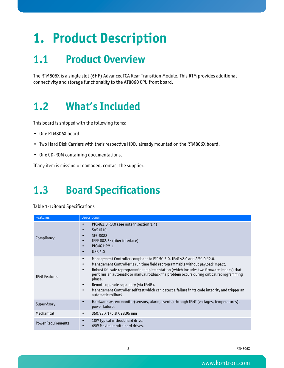 Product description, 1 product overview, 2 what’s included | 3 board specifications, Table 1-1 board specifications | Kontron RTM806x User Manual | Page 15 / 40