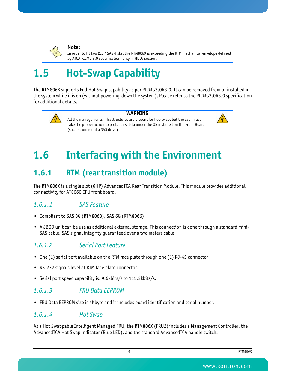 5 hot-swap capability, 6 interfacing with the environment, 1 rtm (rear transition module) | 1 sas feature, 2 serial port feature, 3 fru data eeprom, 4 hot swap, Rtm (rear transition module) | Kontron RTM806x User Manual | Page 17 / 40