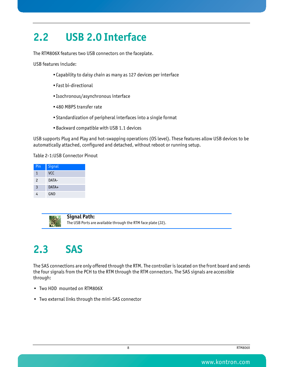 2 usb 2.0 interface, 3 sas, 2 usb 2.0 interface 2.3 sas | Table 2-1 usb connector pinout | Kontron RTM806x User Manual | Page 21 / 40