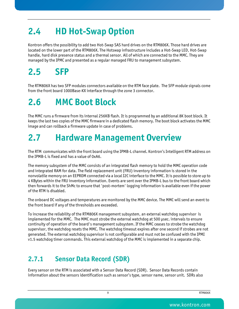 4 hd hot-swap option, 5 sfp, 6 mmc boot block | 7 hardware management overview, 1 sensor data record (sdr), 4 hd hot-swap option 2.5 sfp 2.6 mmc boot block, Sensor data record (sdr) | Kontron RTM806x User Manual | Page 22 / 40