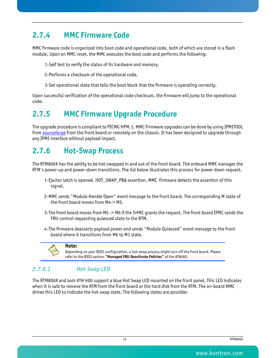 4 mmc firmware code, 5 mmc firmware upgrade procedure, 6 hot-swap process | 1 hot-swap led, Mmc firmware code, Mmc firmware upgrade procedure, Hot-swap process | Kontron RTM806x User Manual | Page 26 / 40