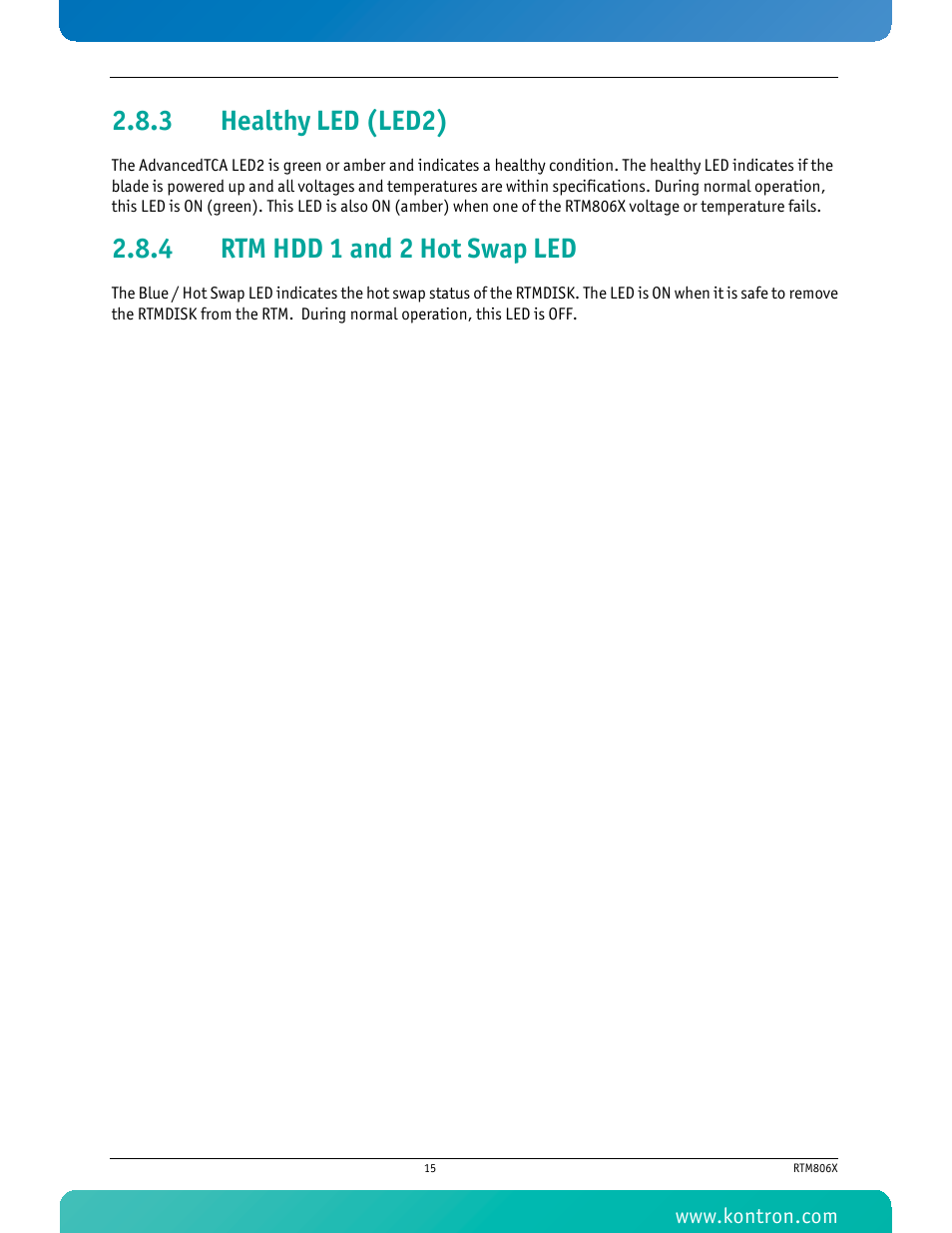 3 healthy led (led2), 4 rtm hdd 1 and 2 hot swap led, Healthy led (led2) | Rtm hdd 1 and 2 hot swap led | Kontron RTM806x User Manual | Page 28 / 40