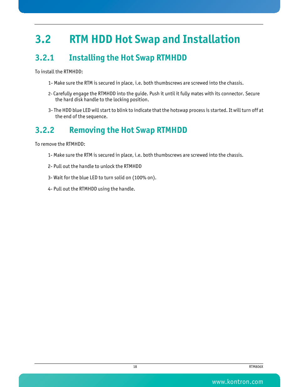 2 rtm hdd hot swap and installation, 1 installing the hot swap rtmhdd, 2 removing the hot swap rtmhdd | Installing the hot swap rtmhdd, Removing the hot swap rtmhdd | Kontron RTM806x User Manual | Page 31 / 40