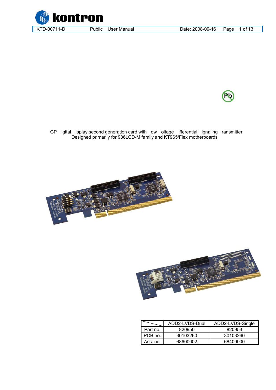 Kontron ADD2-LVDS-DUAL-Internal User Manual | 13 pages