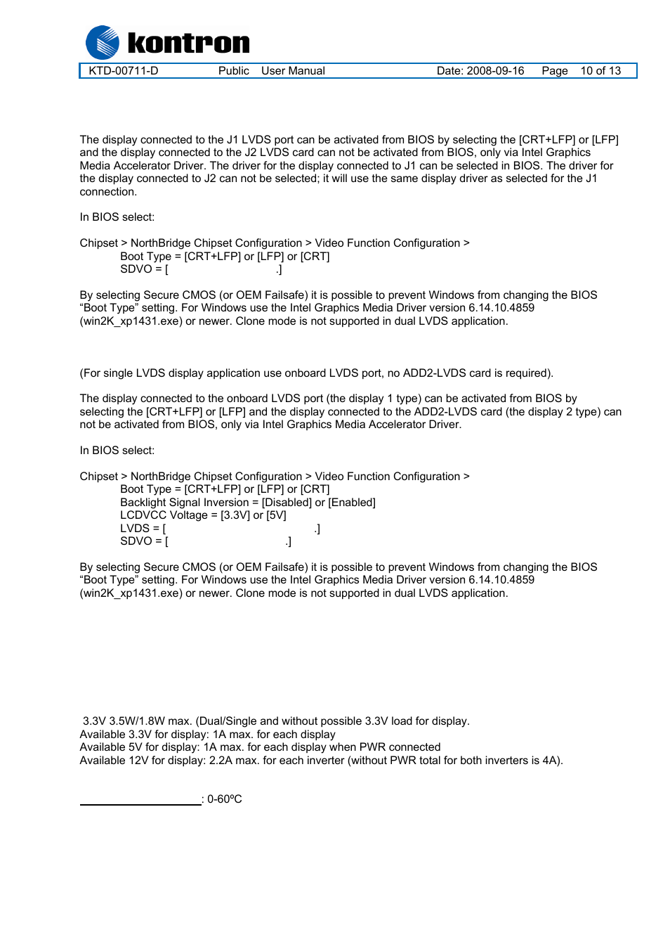 Add2-lvds, Electrical specification | Kontron ADD2-LVDS-DUAL-Internal User Manual | Page 10 / 13